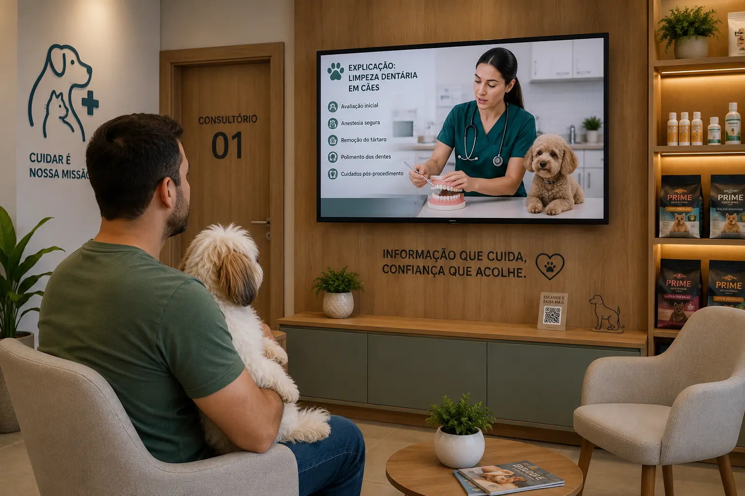 Tutor com pet na sala de espera assistindo conteúdo educativo da TV Vet